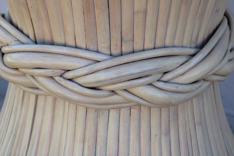 Authentic Signed McGuire Sculptural Rattan Sheaf of Wheat Dining Table Base gallery
