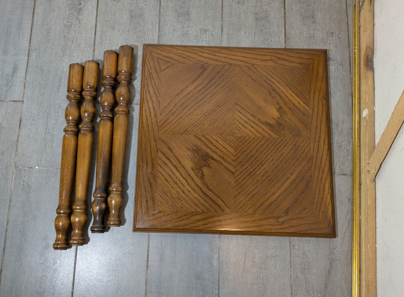 Vintage Rustic Country Parquet Oak Wood Small Side Table Plant Stand Turned Legs gallery