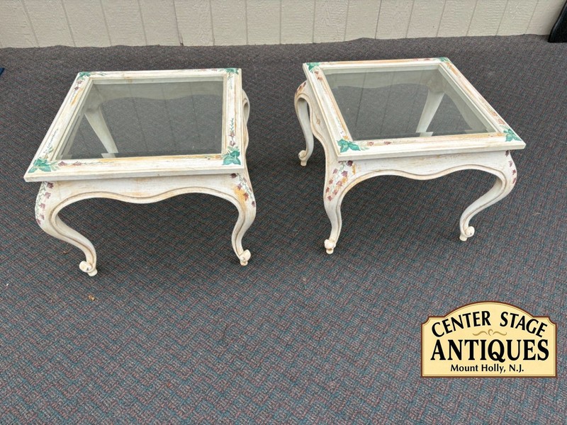 61856 PAIR of French Provincial ITALIAN Hand Painted Glass Top End Tables