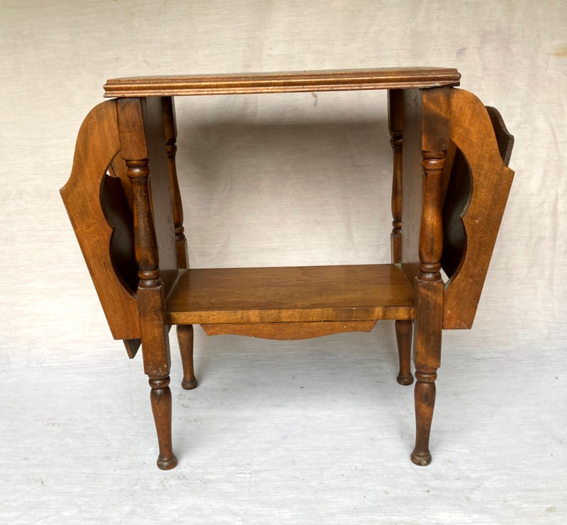 Antique Carved Solid Wood Side Table with Magazine Rack and Shelf – Rare!!
