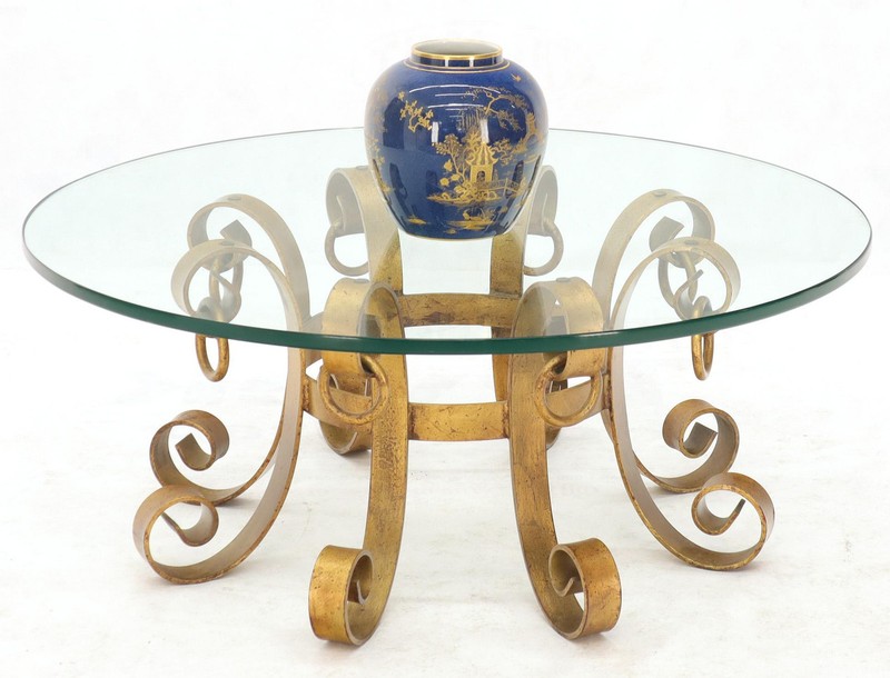 Round Decorative Gilt Wrought Iron Base Glass Top Sunburst Coffee Table MINT! gallery