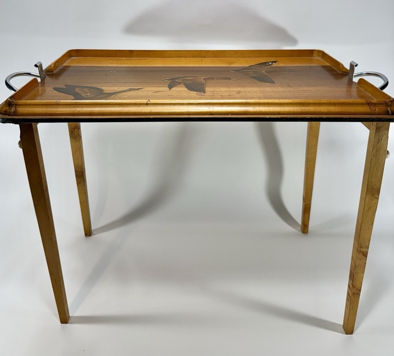 Antique Wood Folding Hunt Table/Tray Ducks Flying Raised Design gallery