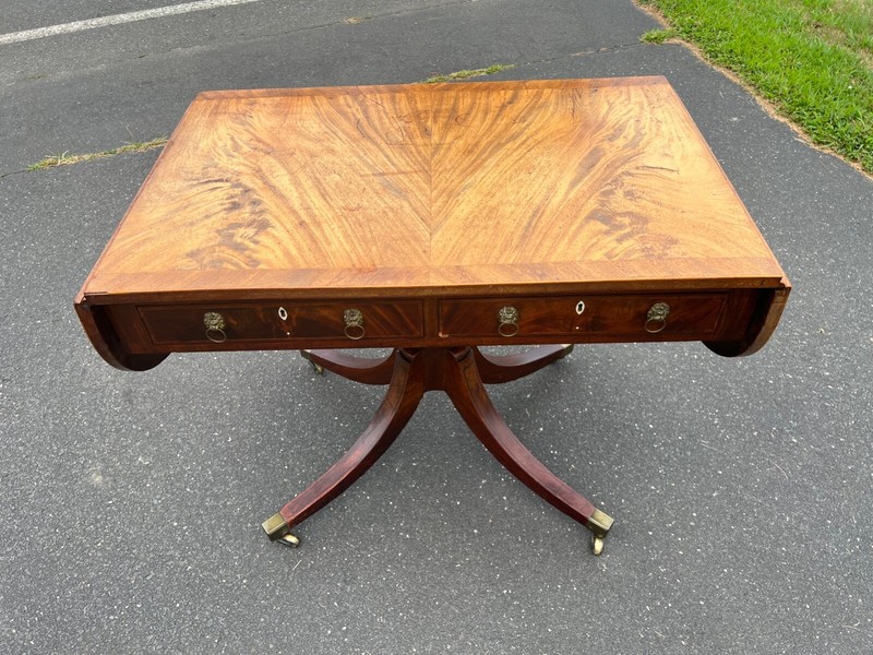 Antique George III Mahogany Two Drawer Drop Leaf Sofa Table c. Late 1700s gallery