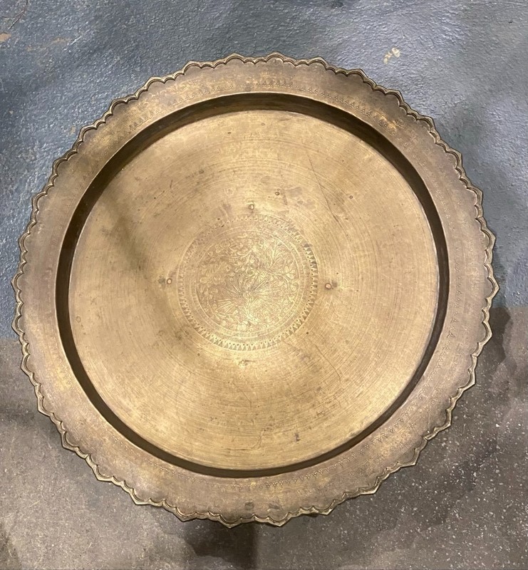 Antique Handcrafted Moroccan Style Etched Brass Pedestal Coffee Table gallery