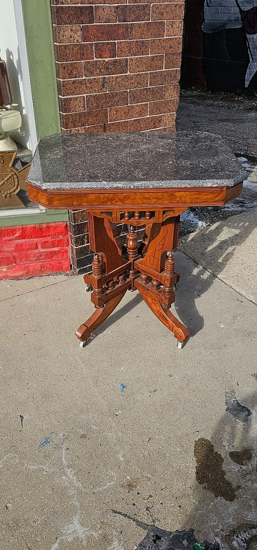 Victorian Antique Walnut Granite stone top ornate parlor table