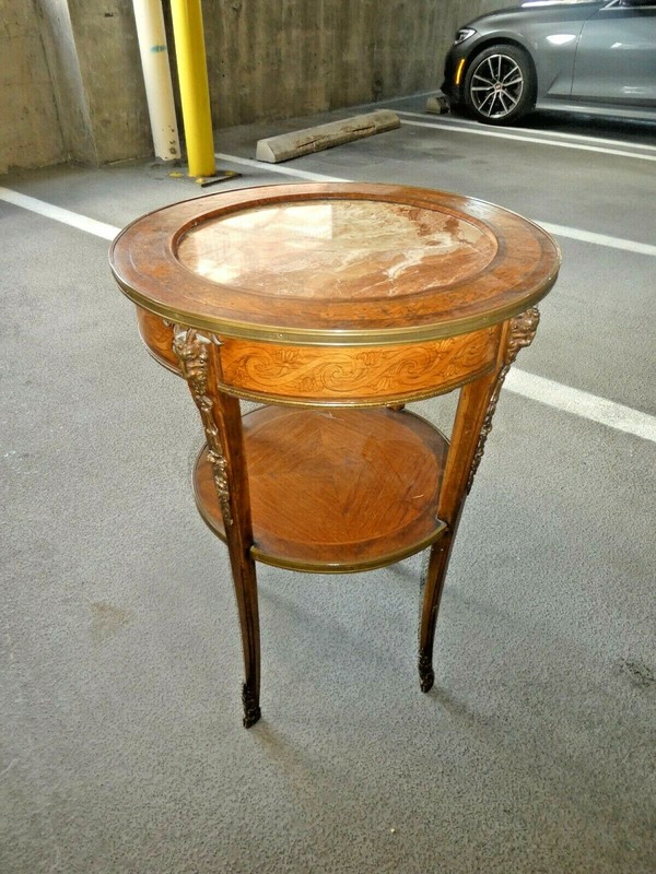 ANTIQUE FRENCH STYLE MARBLE TOP TABLE WITH RAMS HEADS AND MARBLE INSET TOP gallery