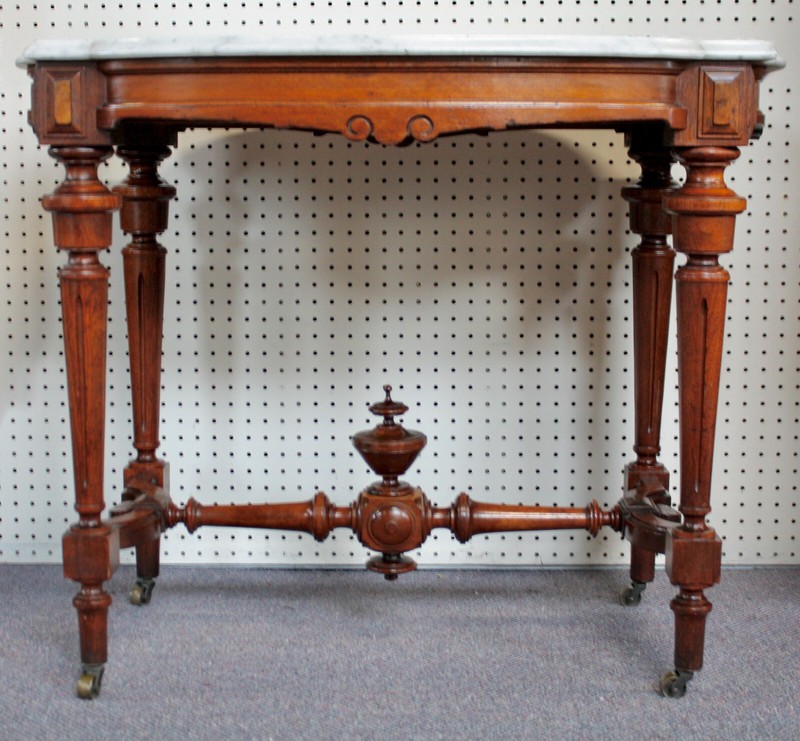 Antique Victorian Eastlake Walnut Parlor Table White Turtle Marble Top, Spire gallery