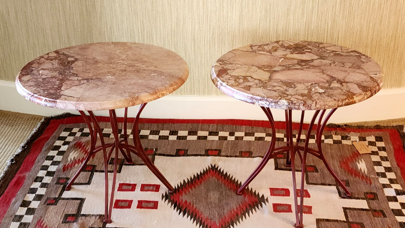 Vintage Matching Pair of Pink Marble Top Coffee Tables with Original Iron Bases gallery