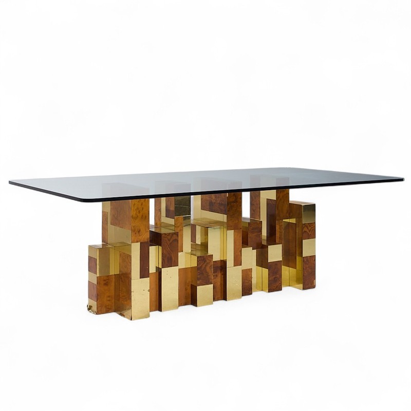 Paul Evans Mid Century Cityscape Burlwood and Brass Dining Table