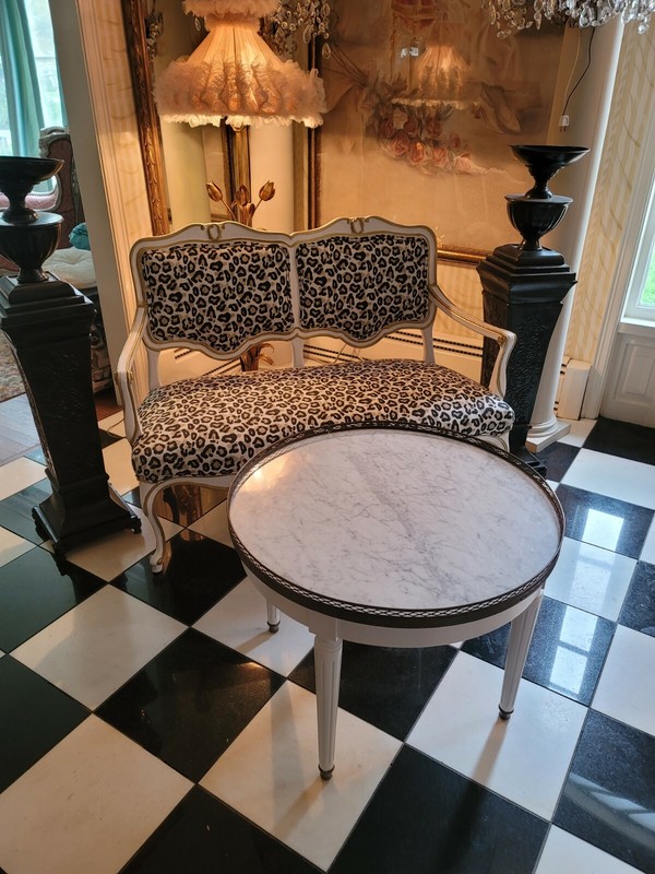 VTG Painted Danby MARBLE TOP Accent Table French LOUIS XVl Style w/Brass Gallery gallery