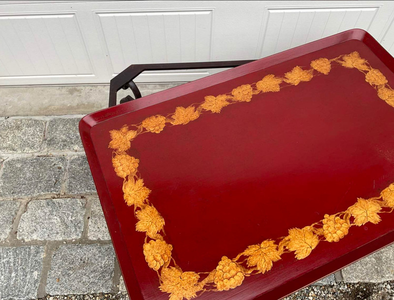 Hand Painted Red Tole Tray Top and Iron Base Coffee Table gallery