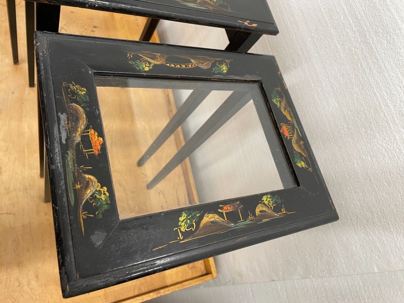 Black Paint decorated Nesting Tables set of 3 Glass Tops solid wood tables gallery