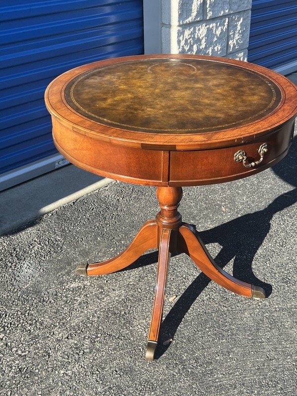 Antique Mahogany Drum Table: Leather Top, Drawer, Saber Legs Brass Paw Feet 27” gallery
