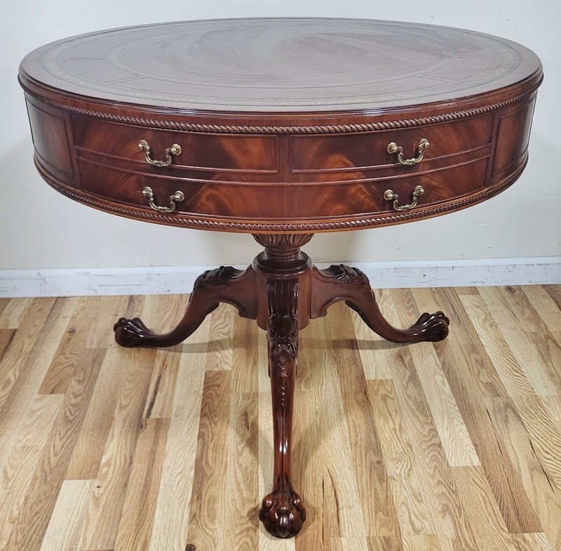 Vintage AMERICAN Mahogany Gilt Tooled LEATHER Top DRUM TABLE Heirloom WEIMAN gallery