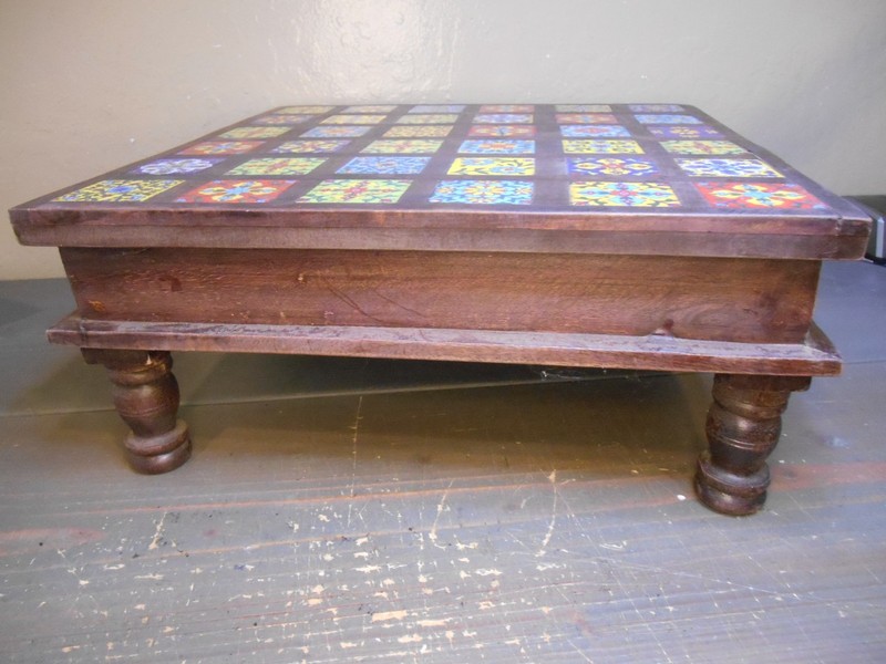 Wooden Chowki Handmade Table Top Riser Monterrey Style Colored Tiles. 15"x15" gallery