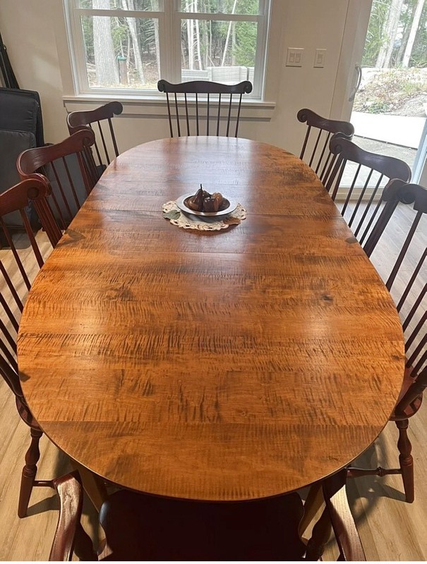 Vintage D. R. Dimes tiger maple oval dining table w two leaves Benchmark signed gallery