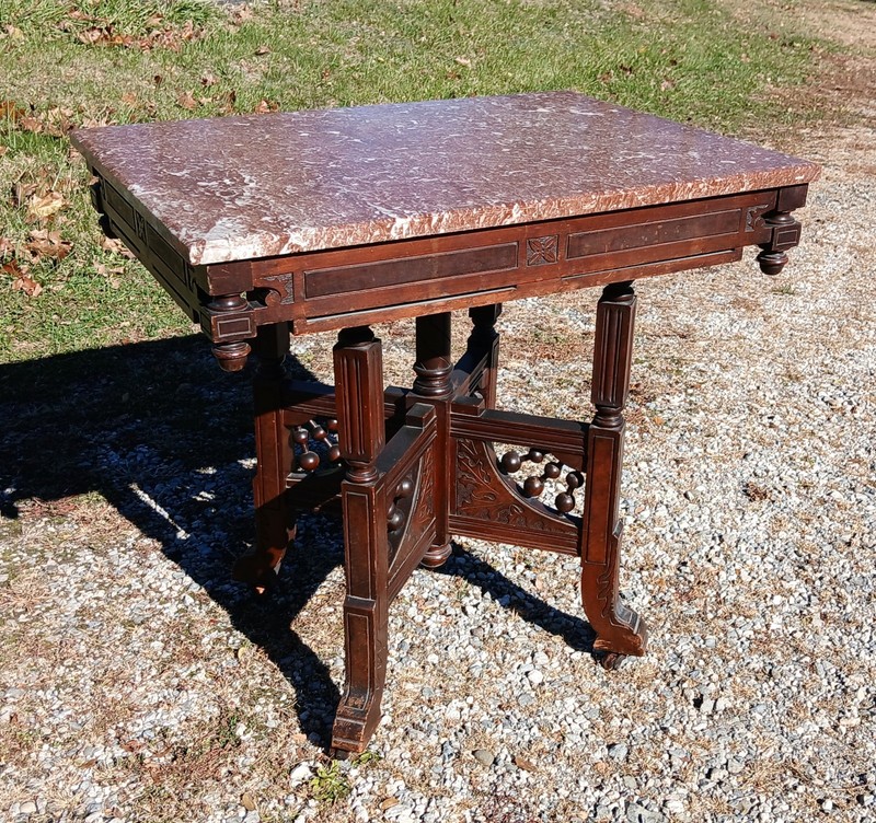 Antique Victorian Eastlake Walnut Parlor Table Chocolate Marble Stick and Ball