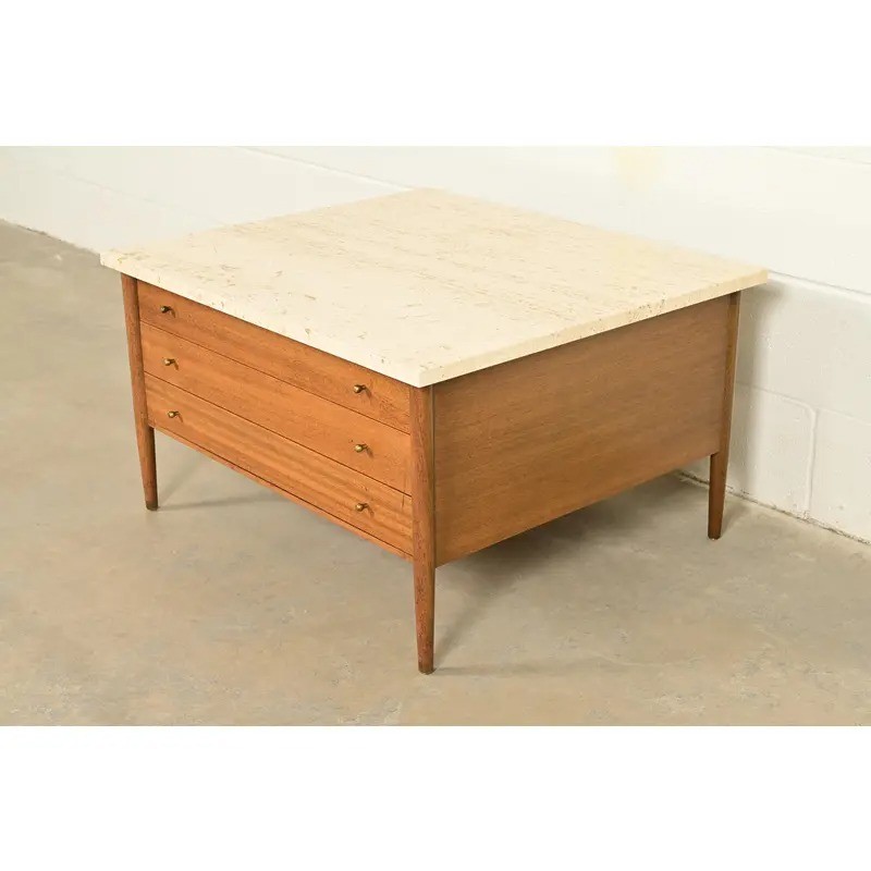Paul McCobb Mahogany and Travertine Top Cocktail Table, 1950s