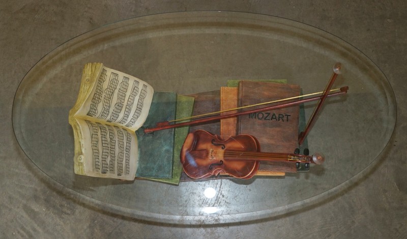 SUPER DECORATIVE MOZART STACKED BOOKS & VIOLIN COFFEE TABLE WITH GLASS OVAL TOP gallery