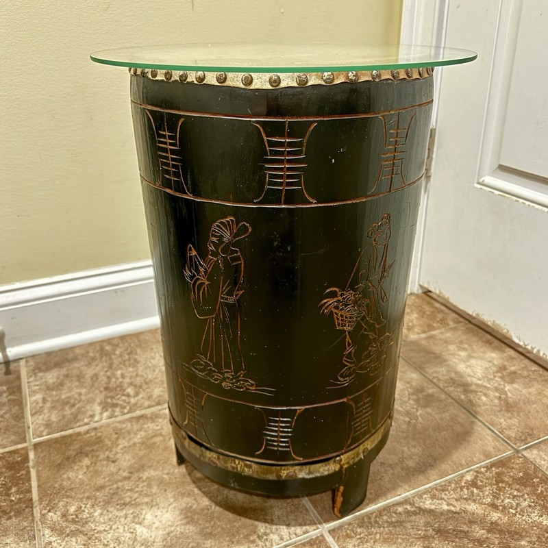 Old Drum Side Table 20 in Asian Chinoiserie Leather Carved Wood Glass Top CRACK
