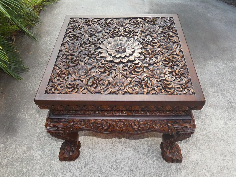 Deeply Carved Low Table, Anglo-Japan, flowers+foo dogs, pick-up Central Florida gallery