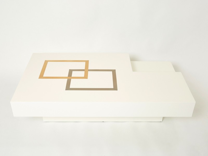 Italian extra large Antonio Pavia white lacquer brass steel coffee table 1970s
