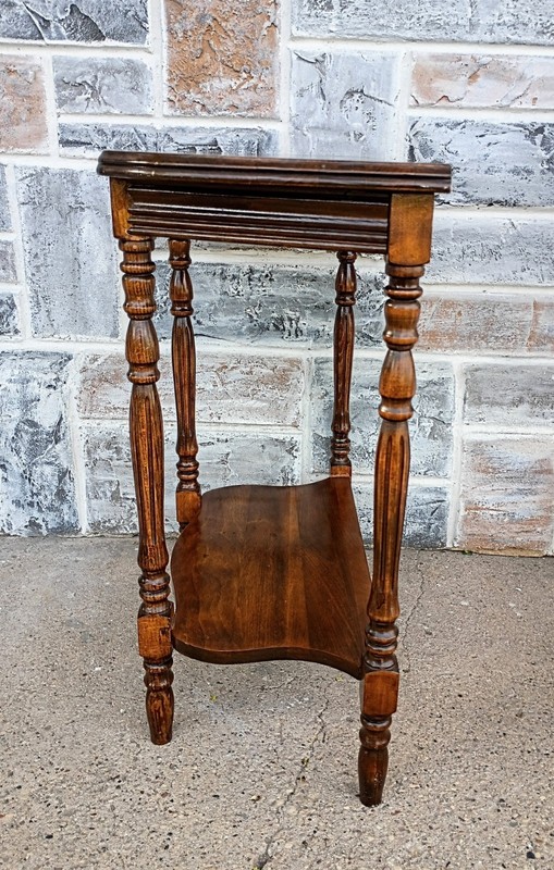 Vintage 2 Tier Scalloped Waterfall Style Inlaid Wood Walnut? Side Table gallery