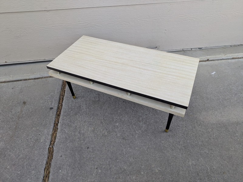 Vintage Mid Century Modern Atomic Formica Coffee Table Wood Brass Tapered Legs gallery