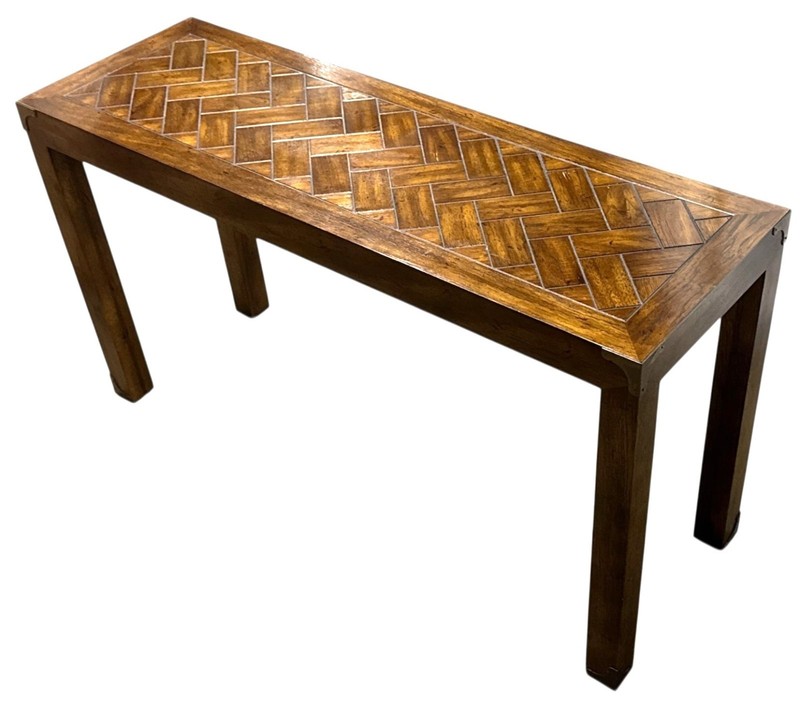 Vintage MCM Henredon Style Oak Parsons Console Table Metal Accents
