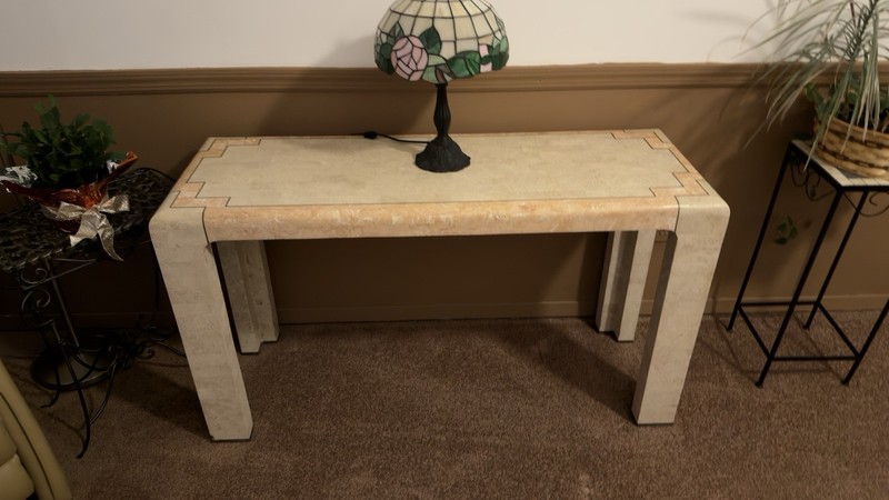 Postmodern Polished Tessellated Stone/Shell Console Table With Brass Inlay