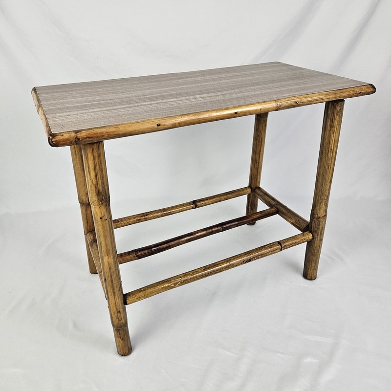 Vintage MCM Rattan End Table With Laminate Top Calif-Asian Boho Chic W/Shelf gallery