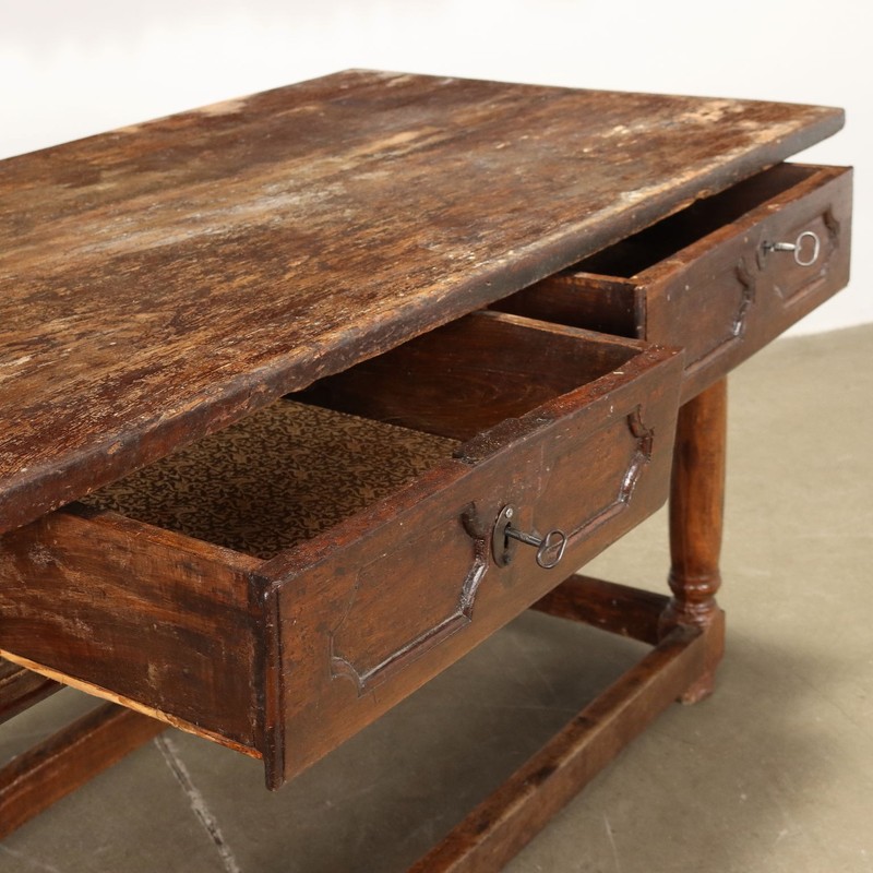Antique Table Early XVIII Century Chestnut Shaped Feet Drawers gallery