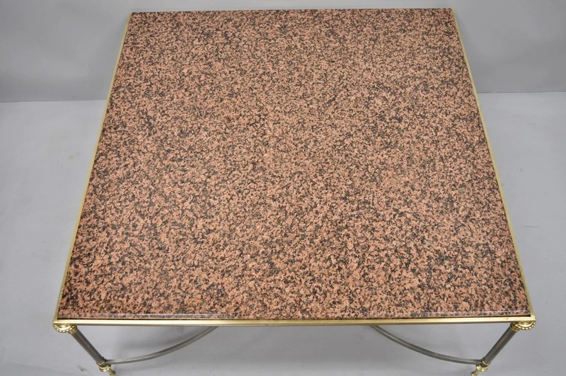 Italian Neoclassical Maison Jansen Style Steel & Brass Marble Top Coffee Table gallery