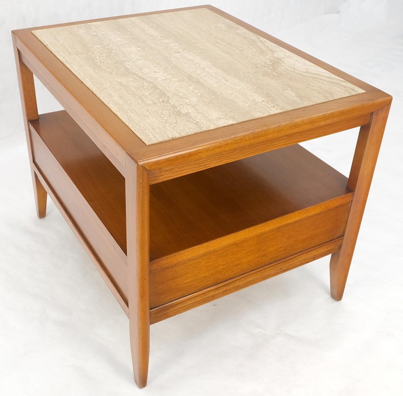 Drexel Travertine Top Walnut Base Rectangle One Drawer Side End Table Stand MINT gallery