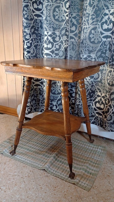Victorian style glass ball claw footed scalloped edge Oak table, antique, used. gallery