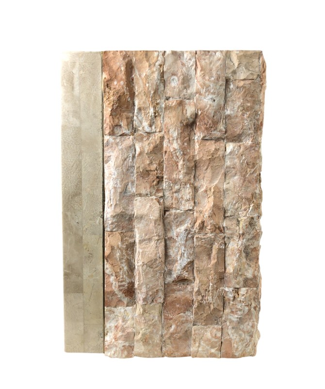 2 MCM MAGNUSSEN FURNITURE Tessellated Marble Stone Brass + Glass Side End Tables gallery