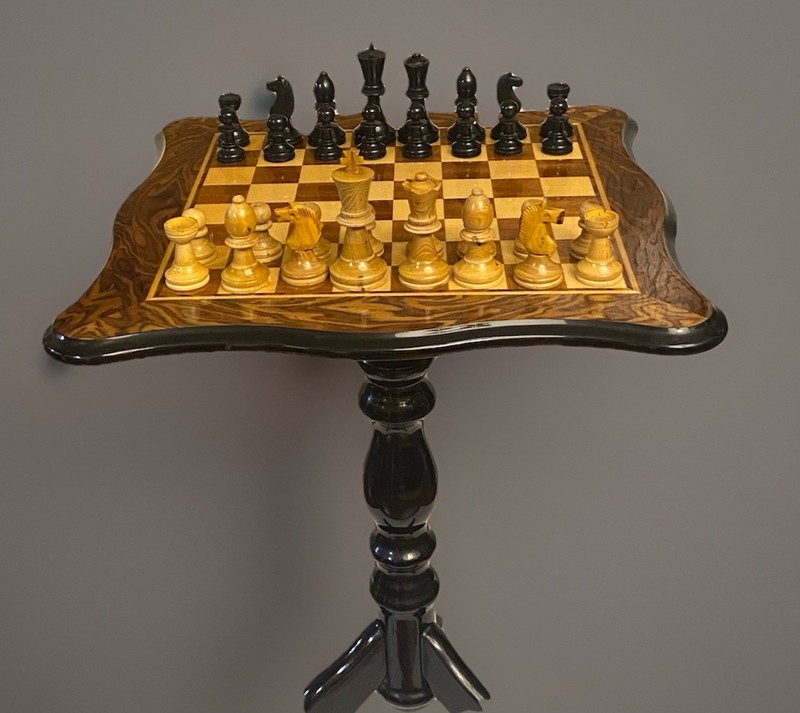 Hand-made Italian Chess and Checkers Table of Natural Wood With Chess Pieces gallery