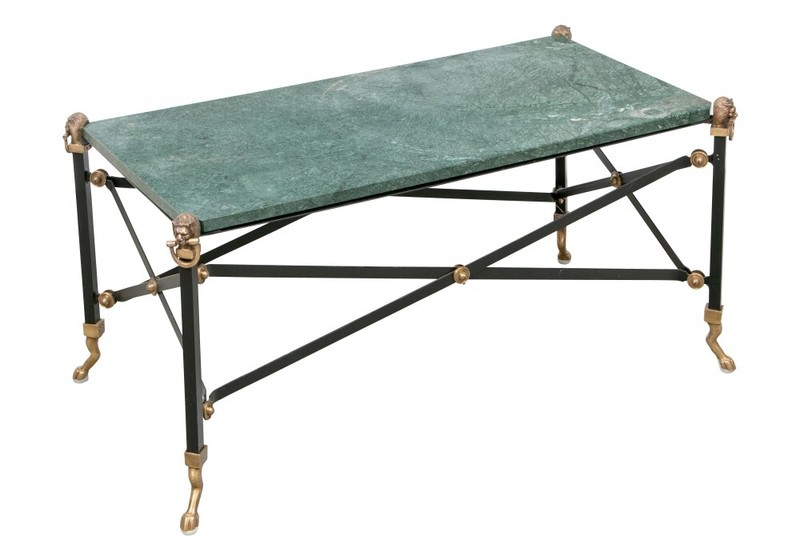 Neoclassical Green Marble Top Cocktail Table With A Campaign Style Iron Base