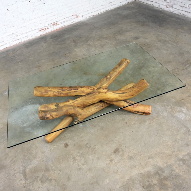 1990’s Coffee Cocktail Table Natural Rustic Twisted Tree Limb Base & Glass Top gallery