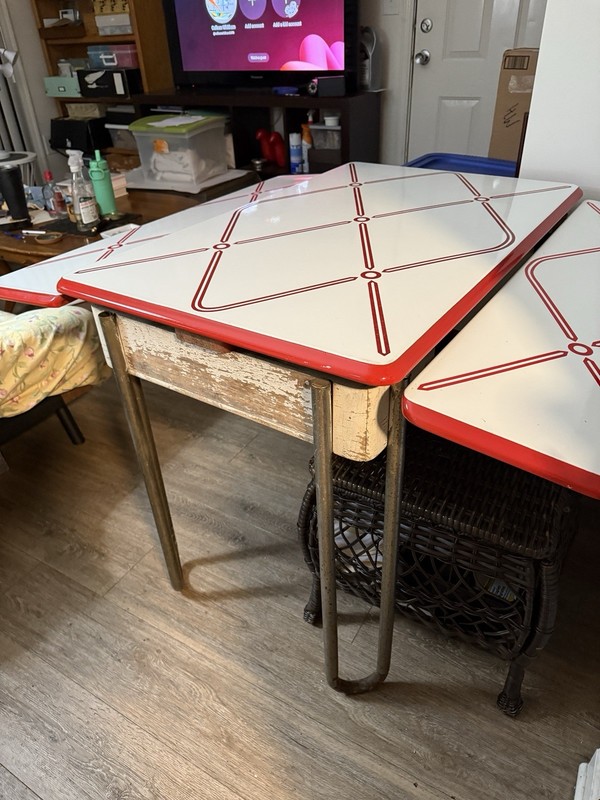Vintage Porcelain Enamel Red And White Table With Retractable Wings gallery