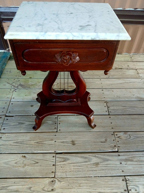 Vintage Victorian Italian Marble Top Mahogany Harp Side Table gallery