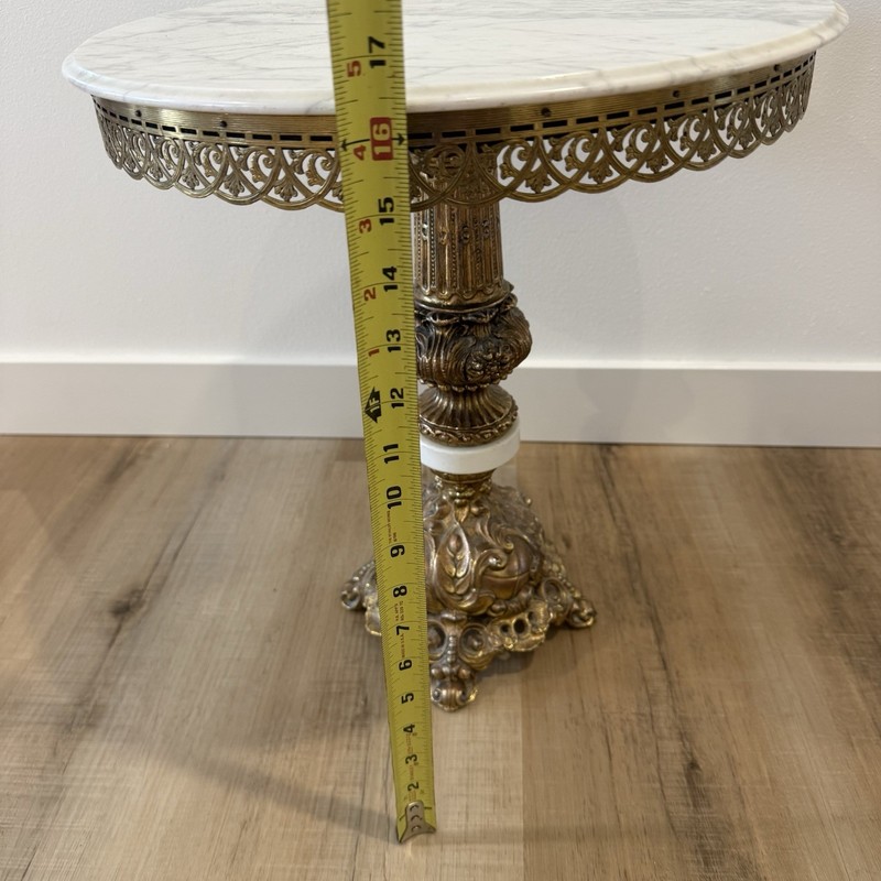 Vintage Hollywood Regency Ornate Brass & Carrara Marble Round Drinks Table gallery