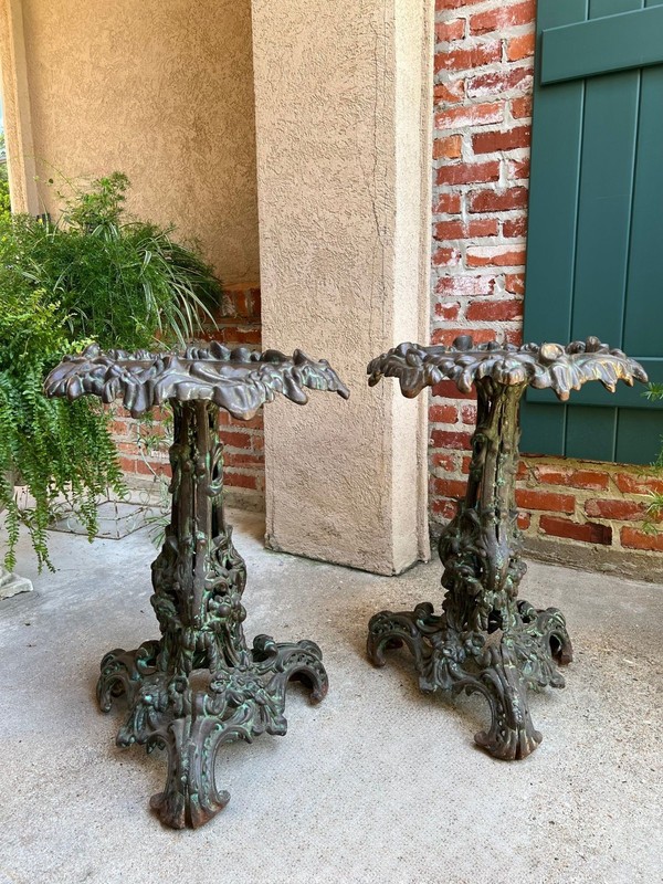 PAIR Antique French Round Side Table Grotto Rococo Cast Iron Plant Stand c1880 gallery