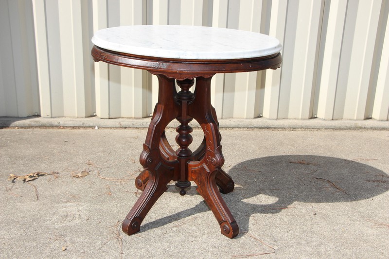 Fancy Walnut Victorian Renaissance Revival Oval Marble Top Table ~ Ca.1870 gallery