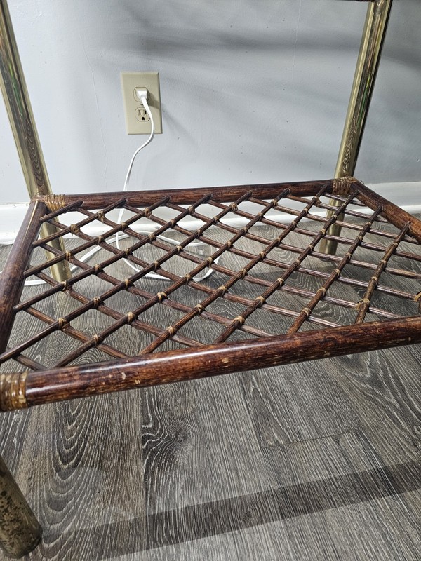 Vintage Bohemian Cane Wood Rattan Bamboo Side Table Brass Legs Glass Top W/ Back gallery
