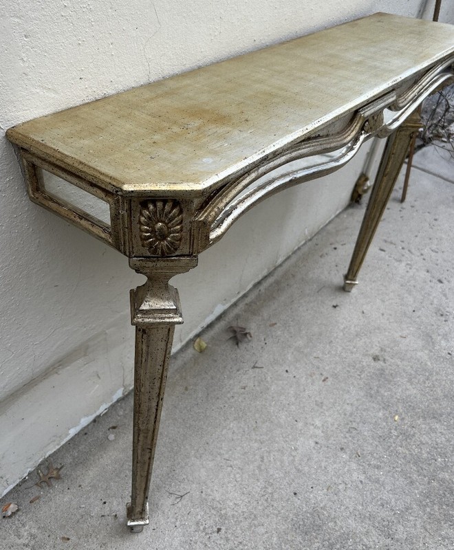 Vintage Console Table Hollywood Regency Florentine Venetian Mirrored Leafed Wood gallery