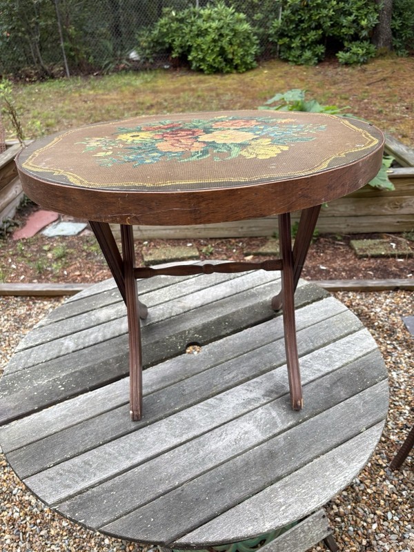 Vintage 1940’s Tilt Top Folding Victorian Floral Needlepoint Design Table