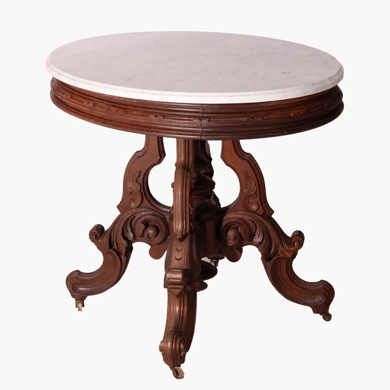 Antique Victorian Walnut Brooks Oval Marble Top Parlor Table C1890 gallery