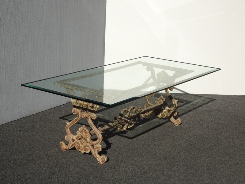Large Vintage Spanish Style Rustic Cast Iron Bevel Glass Cocktail Coffee Table gallery