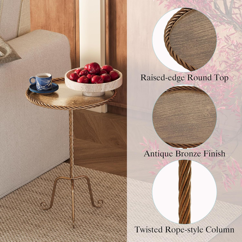 Vintage Bronze round Metal Side Table with Raised Rim, Twisted Pedestal and Curv gallery